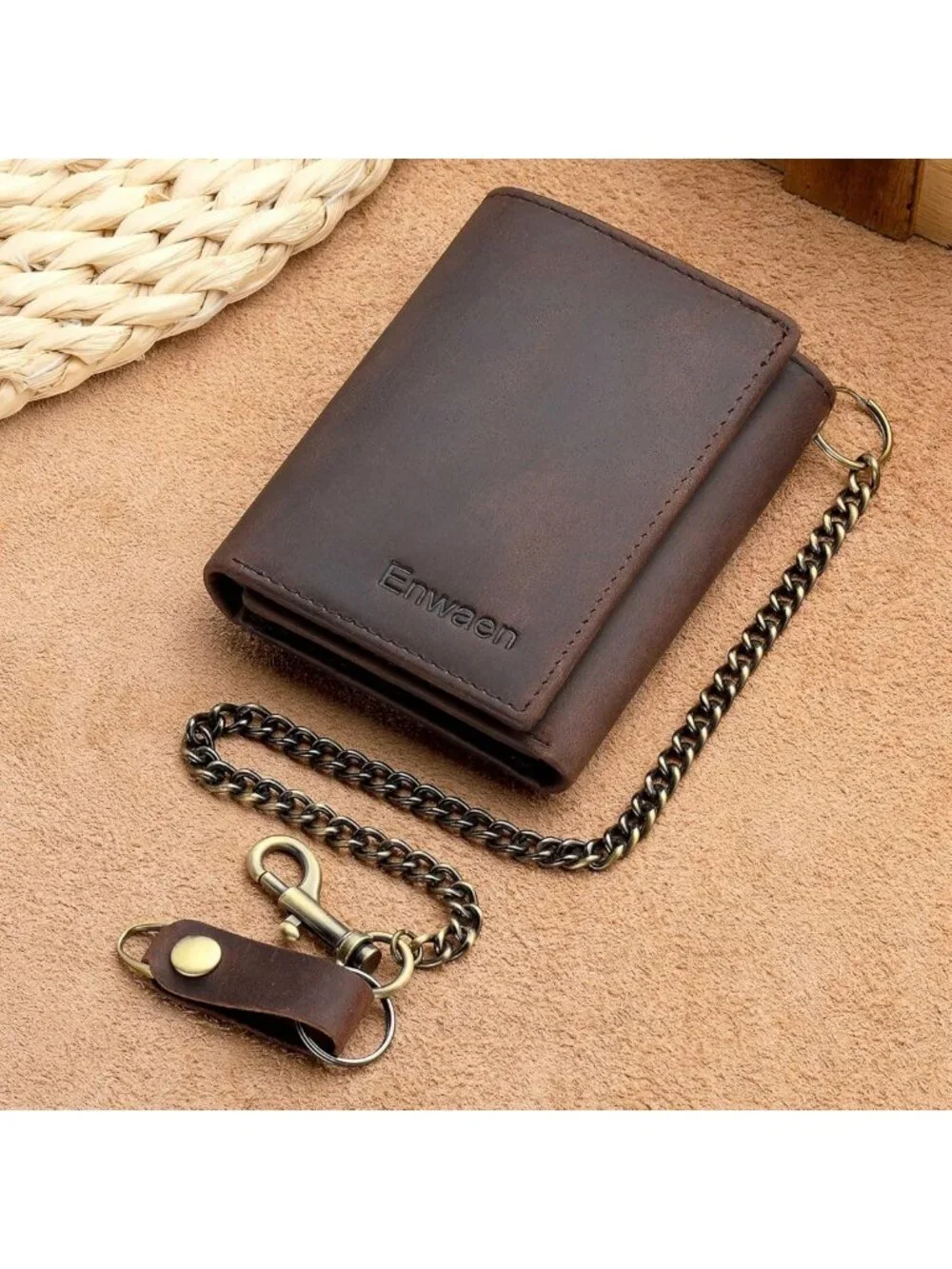 Genuine Leather Trifold Chain Wallet for Men, RFID Blocking, Anti-Theft Biker